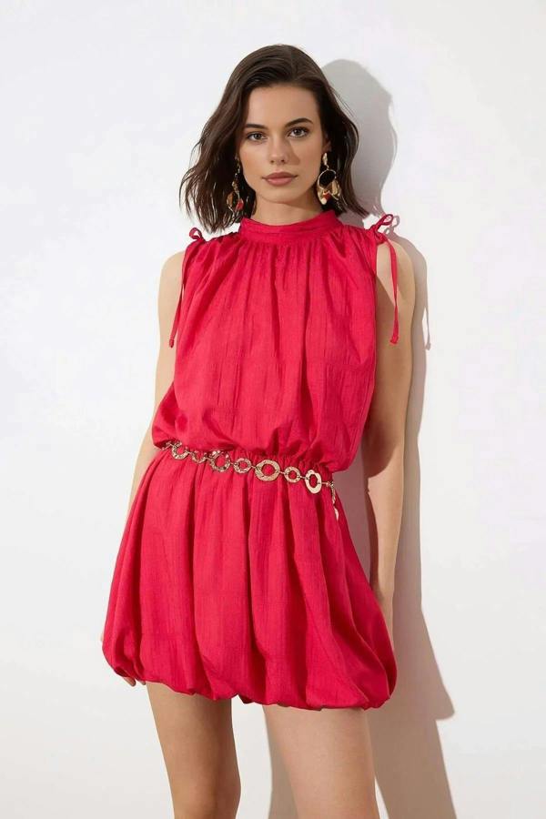 WOVCOR Mini Woven Dress with Balloon Skirt Detail