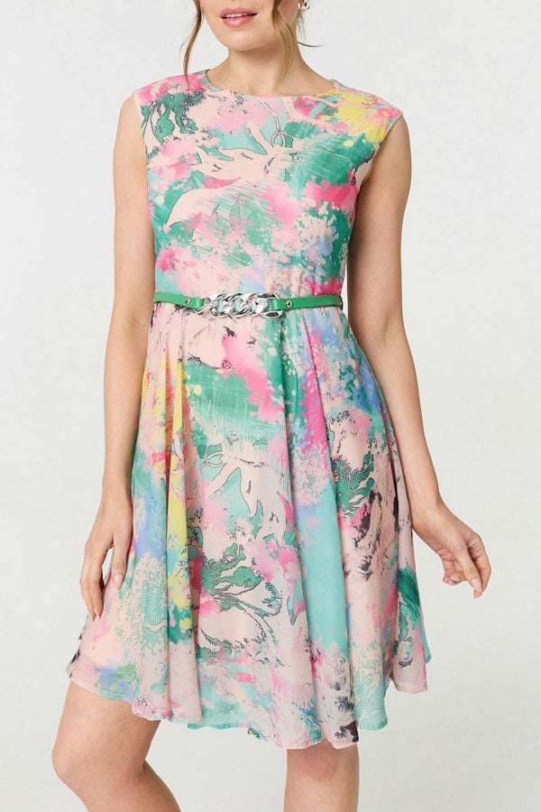 Green | Printed Sleeveless Short Skater Dress
