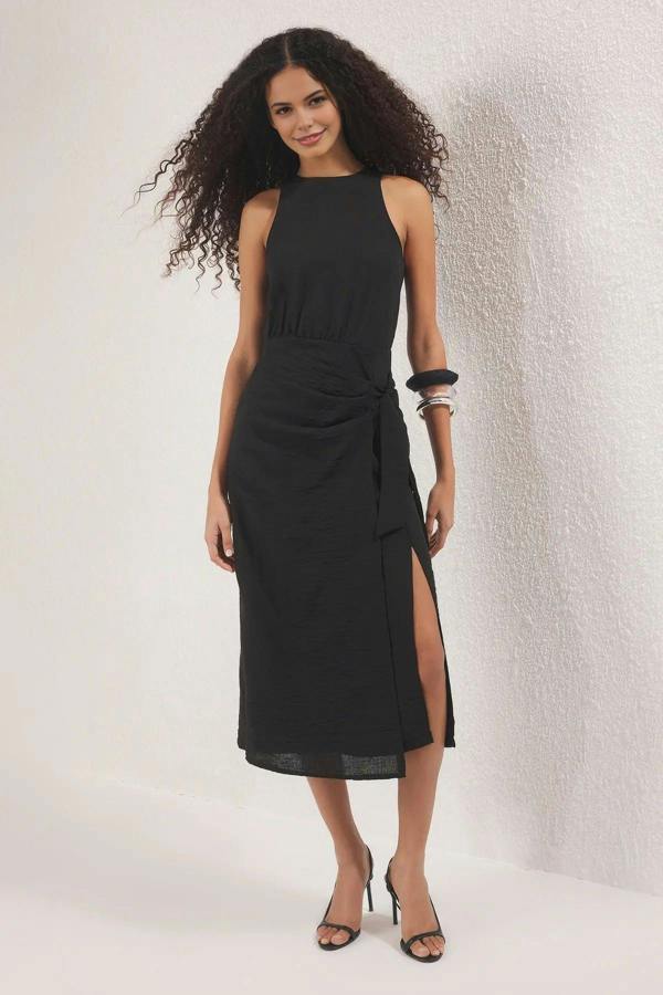 WOVCOR Midi Woven Dress with Tie Detail