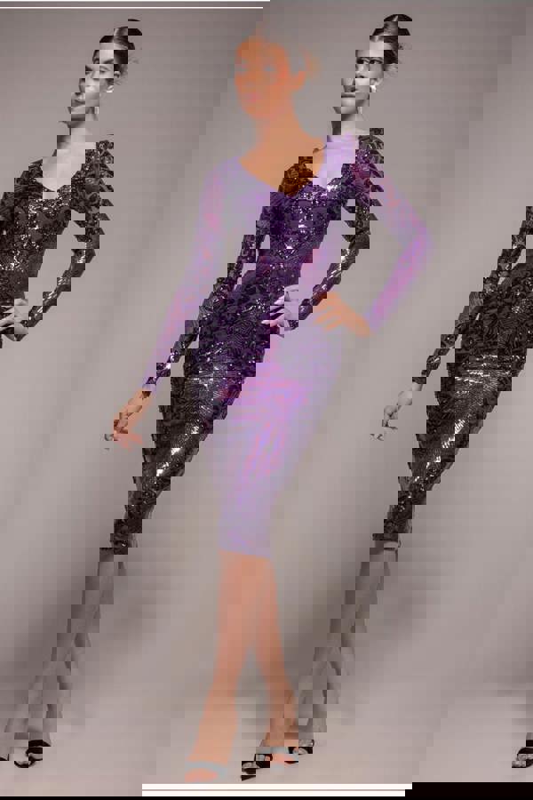 Contrast Sequin Long Sleeve Midi Dress - Purple DR3607
