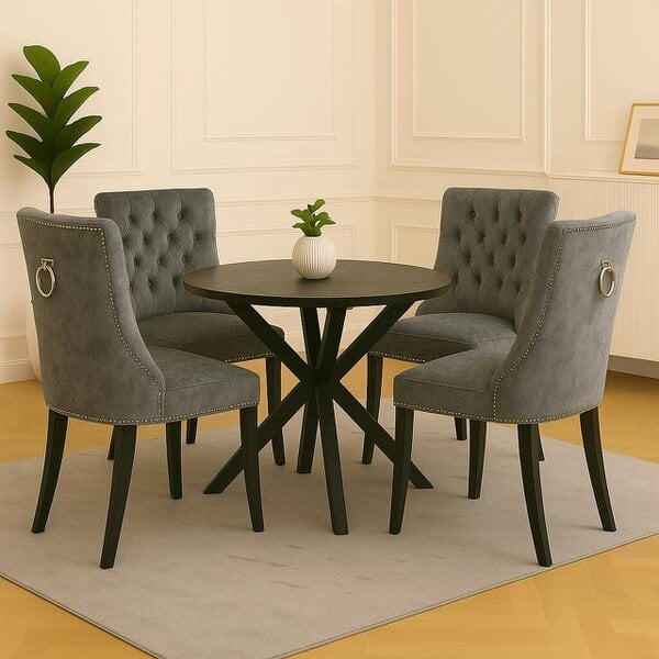 Neo Set of Four Dark Grey Studded Velvet Dining Table Chair with Ring Knocker Detail