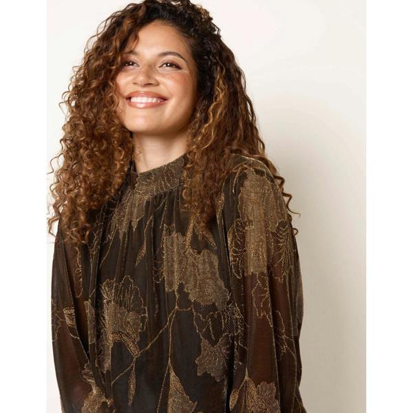 Blue Vanilla Metallic Floral High Neck Puff Ball Blouse