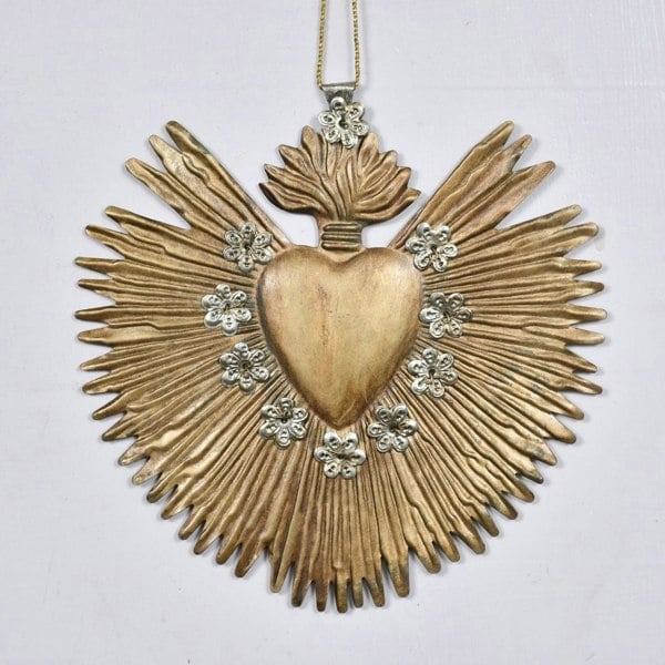 Lila Rasa Large Antique Gold Milagro Heart " Sunburst Flame"