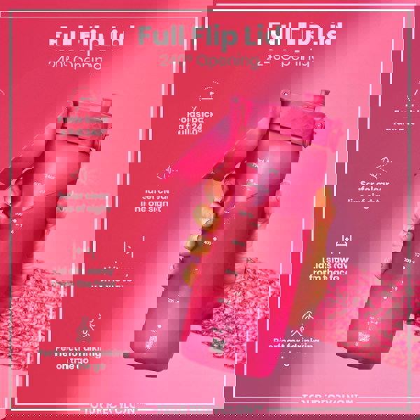 A pink water bottle with a flip lid is held; its lid opens 240 degrees. The bottle features milliliter and ounce measurements and a QR code; it's shown against a pink background.