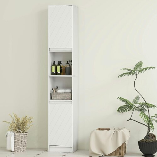 Wyld Haus Fibava Slim Freestanding Bathroom Storage Cabinet With OFauxn Compartment Adjustable Shelves White 30 x 24 x 170 cm