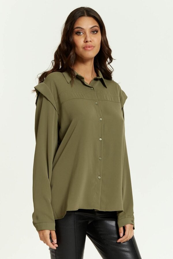 Hoxton Gal Relaxed Fit Shoulder Detailed Long Sleeves Shirt in Khaki