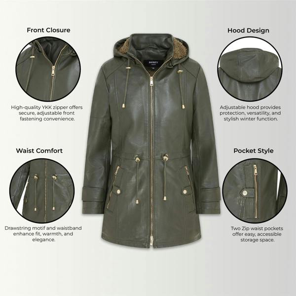 Infinity Leather Women's Leather Parka Detachable Borg Hooded Trench Coat - Trekker