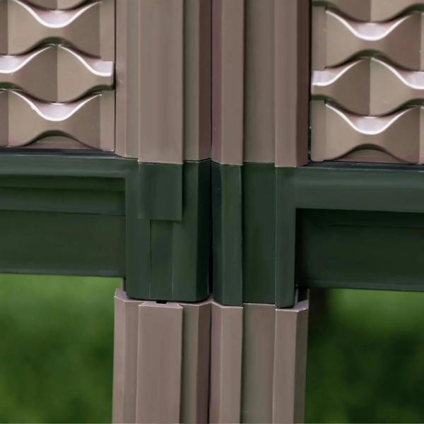 Close-up of brown textured planter frame and dark support legs