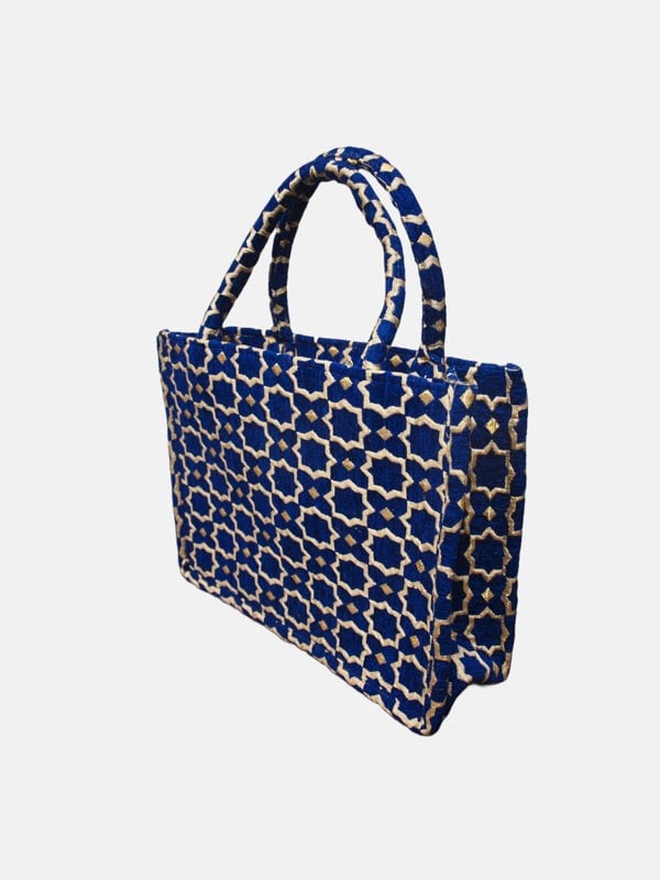 Berber Leather Moroccan Geometric Print Fabric Tote Bag in Blue