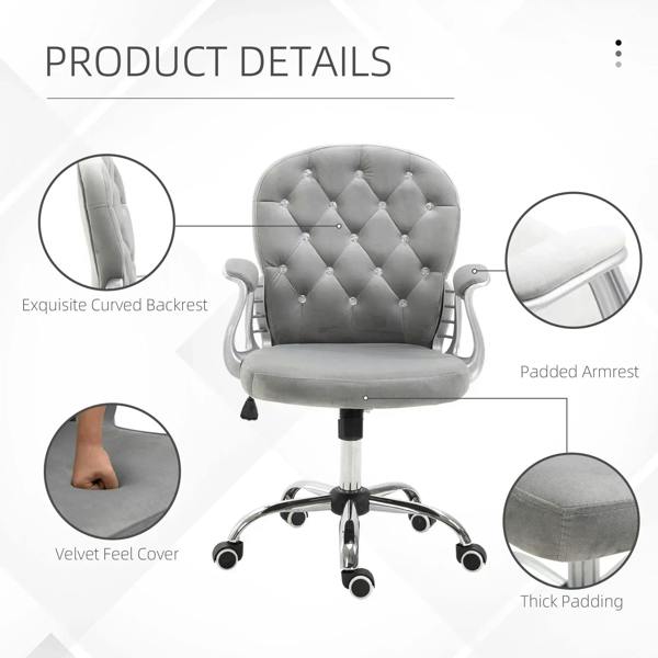 Grey velvet office chair detail: tufted backrest, padded armrests, and thick seat padding