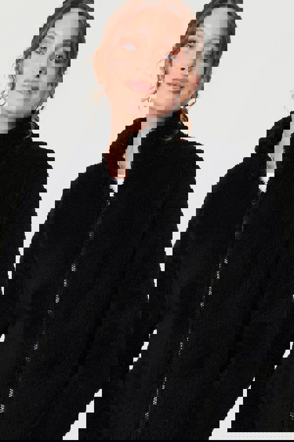 Black | Soft Texture Zip Front High Neck Fleece
