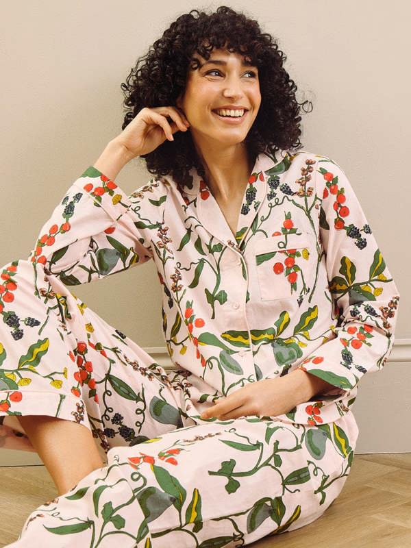 model wears harvest pear print long pyjama set
