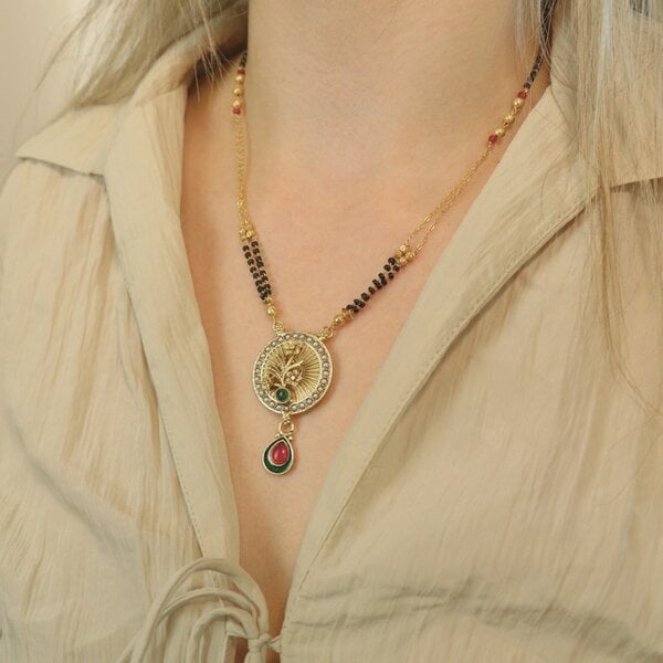 The Colourful Aura Indian Ethnic Gold Round Peacock Pearl Ruby Emerald Mangalsutra Pendant Necklace