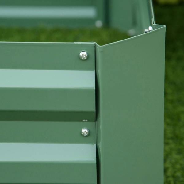 Green metal raised garden bed corner with screws and interlocking edges