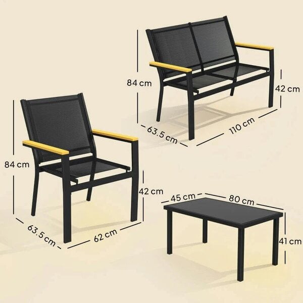 Outdoor Sofa 4 Seater Garden Sofa Set with Loveseat 2 Chairs and Coffee Table Black
