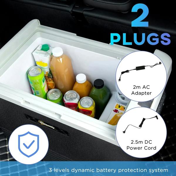 Open cooler box with storage basket holding drinks, showing 2 AC and 2 DC connectors