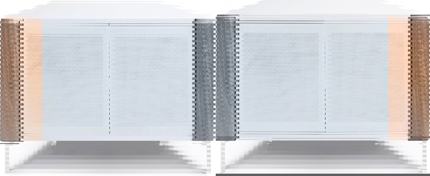 MDA Designs CORVUS Corner-Friendly Gloss White Contemporary Cabinet with Walnut Profiles White BeamThru Glass Doors for Flat Screen TVs up to 50"