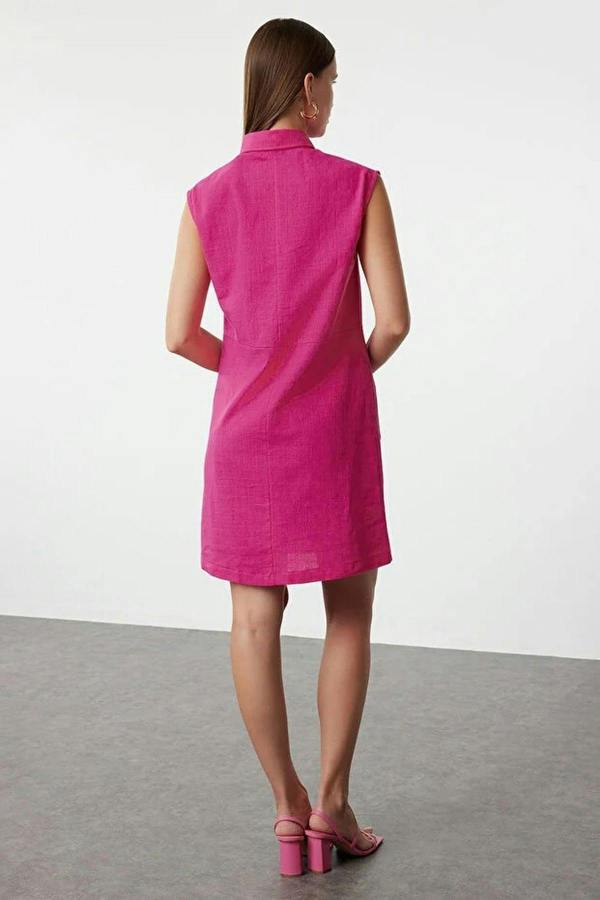WOVCOR Straight Cut Shirt Collar Linen-Look Mini Woven Dress