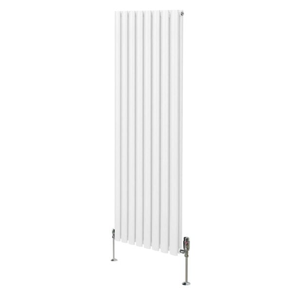 White oval column radiator with vertical fins, measuring 1600mm x 480mm, featuring sleek valves and a modern design