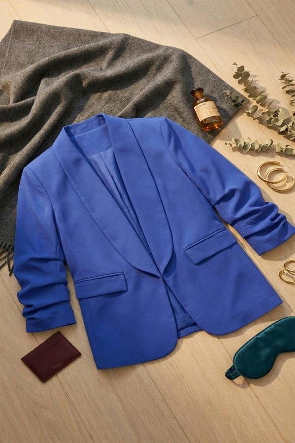 Valerie Ruched Sleeve Open Front Blazer Jacket With Front Pockets - Royal