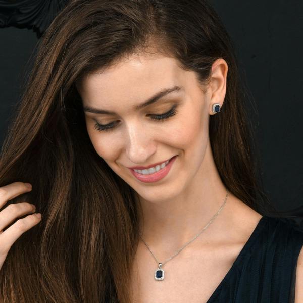 namana 925 Sterling Silver Emerald Cut Blue Halo Pendant Necklace For Women