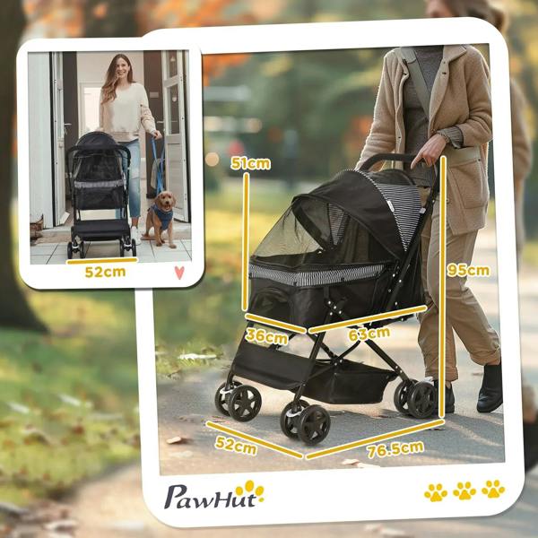 Black foldable pet stroller with canopy and mesh front, shown with size measurements