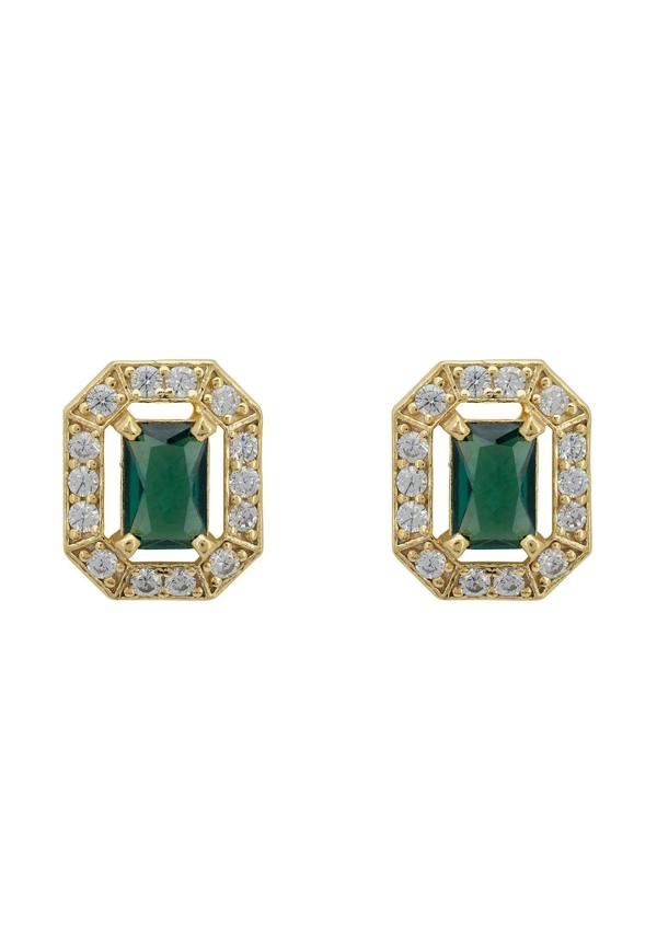Gold and diamond halo emerald stud earrings.