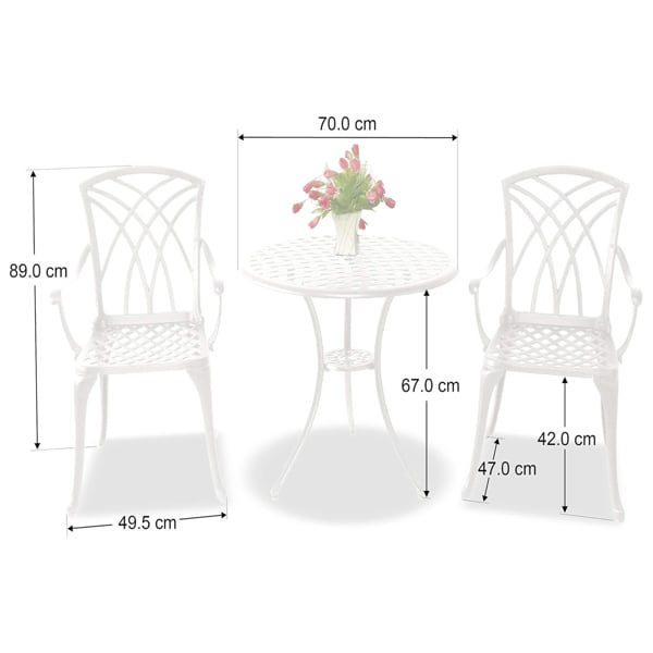 Centurion Supports OSHOWA Luxurious Garden and Patio Table and 2 Large Chairs with Armrests Cast Aluminium Bistro Set - White with Black Cushions