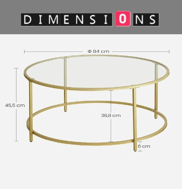 Modcraft Round Glass Coffee Table with Gold Metal Frame – Modern Living Room Centre Table