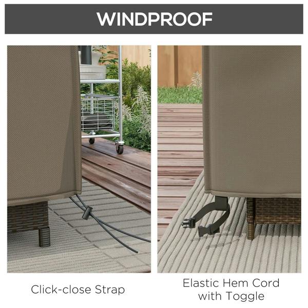 Grey patio furniture cover with click-close straps and elastic hem cord with toggle