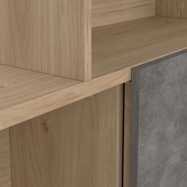 Furniture To Go Maze Asymmetrical Bookcase with 3 Doors in Jackson Hickory and Concrete