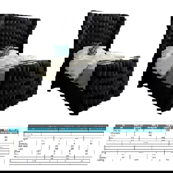 Casa Magna Parma Wide Curved Winged Upholstered Soft Velvet Bed Frame - Black