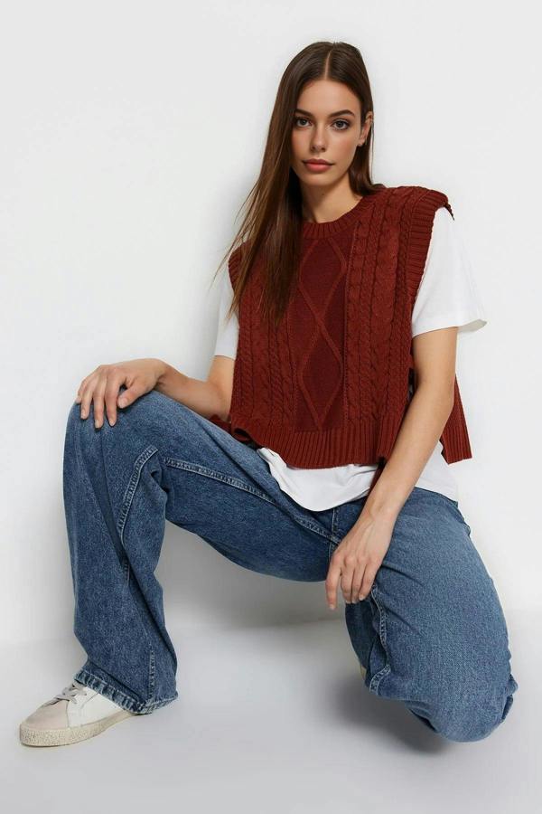 WOVCOR Crop Knit Sweater with Side Ribbon Tie Detail