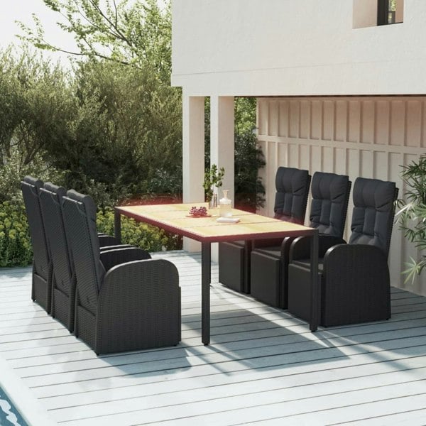 Berkfield 7 Piece Garden Dining Set Black Poly Rattan&Solid Wood Acacia