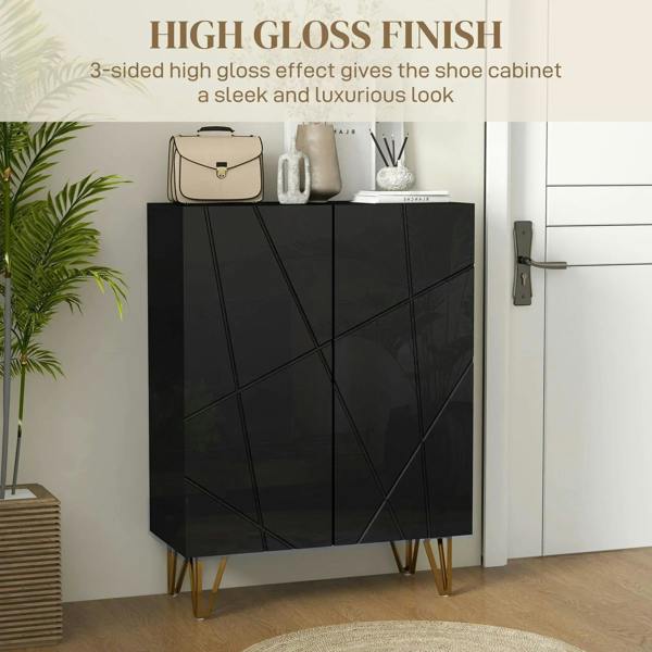 Black shoe cabinet with glossy door panels and diagonal detailing