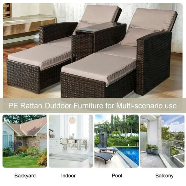 Brown rattan 2-seat sofa lounger set with beige cushions in a bright indoor setting