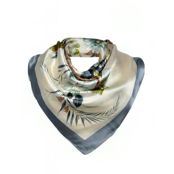 Anyyou Fashion Premium Satin Square Scarf – Elegant 201 Grey Beige Floral Silk-Feel Neckwrap for Women