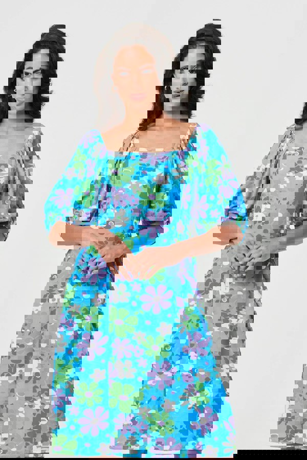 Green | Floral Square Neck Knee Length Dress
