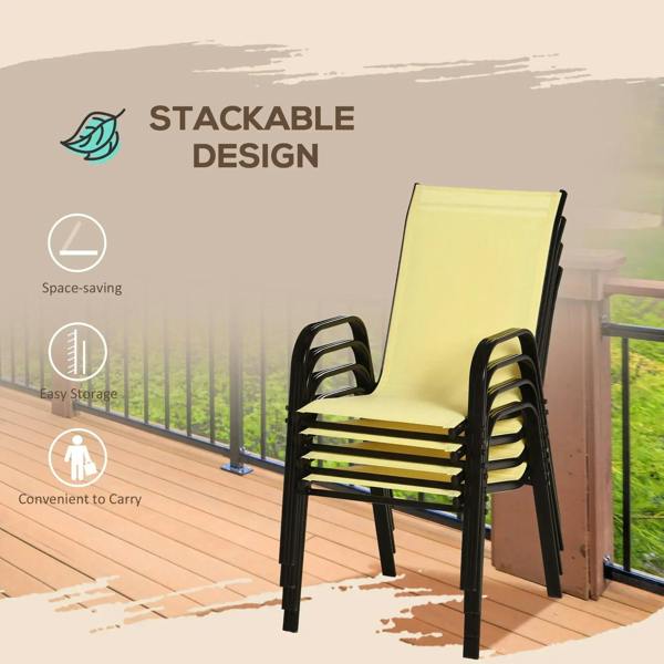 Stackable mesh chair with beige seat and back and black metal frame