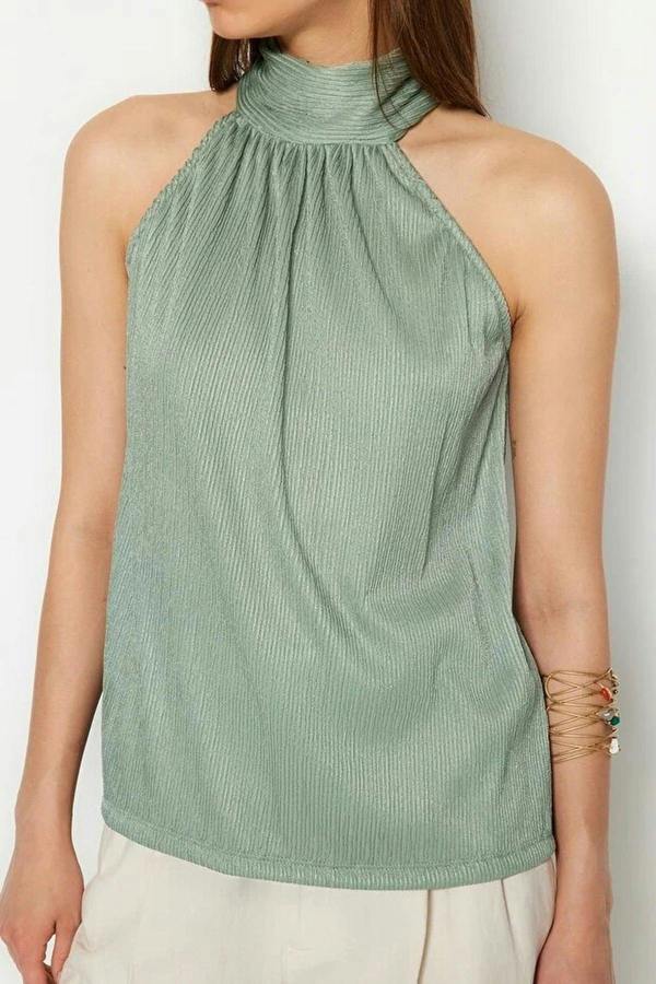 WOVCOR Stand-Up Collar Pleated Stretch Knit Blouse