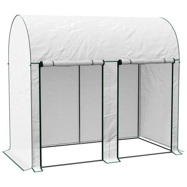 White walk-in greenhouse with green metal frame, zipped front doors and mesh sides