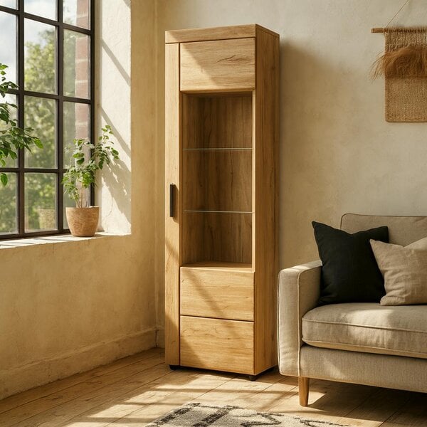 Wyld Haus Larkwood Tall Glazed Grandson Oak Wood Display Cabinet Right Hand