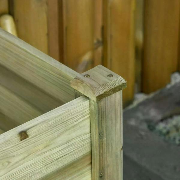 Corner joint detail on raised wooden planter bed leg with metal fasteners