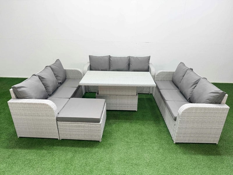 Fimous 10-Seater Light Grey PE Rattan Outdoor Lounge Set | Adjustable Dining/Coffee Table, 3-Seater Sofa, Large Footstool