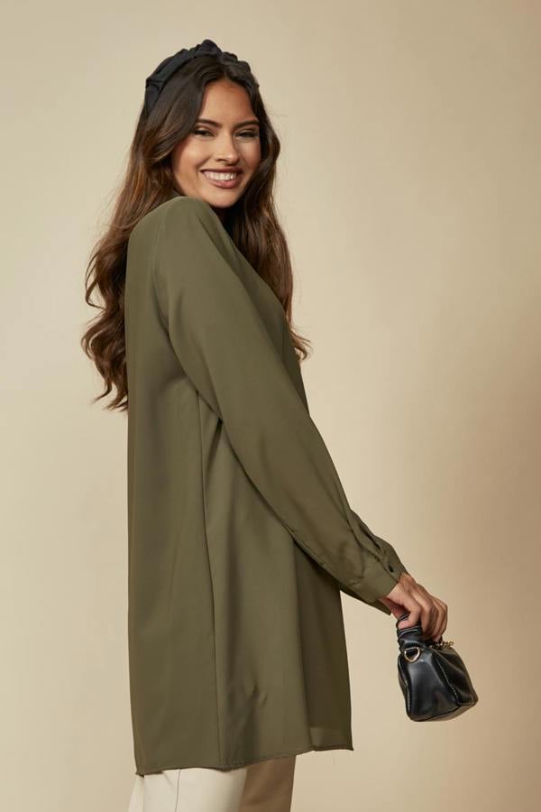 Hoxton Gal Tunic Shirt with Button Details in Khaki