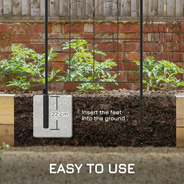 Black metal trellis panel with ground-insertion feet for easy installation
