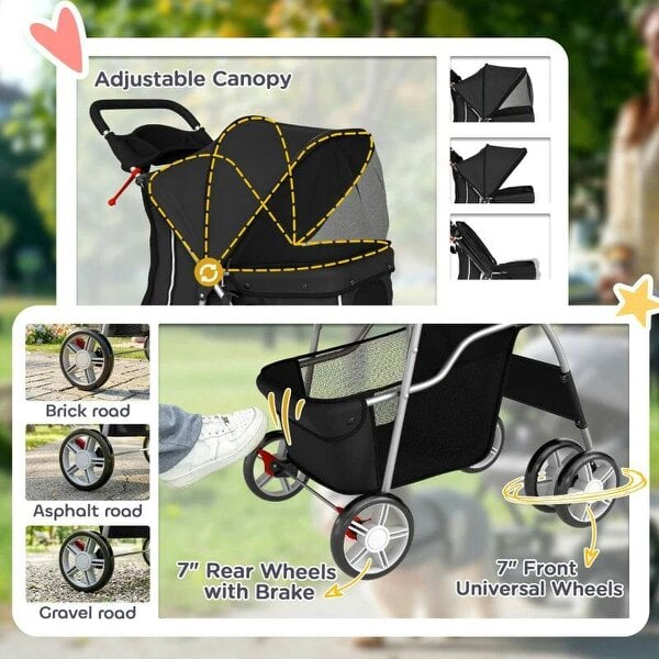 Dog Pram, Pet Stroller with Reflective Strips, Foldable Cat Stroller with 360° Swivel Wheels, Black
