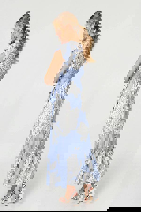 Blue | Floral Cap Sleeve Button-Up Maxi Dress
