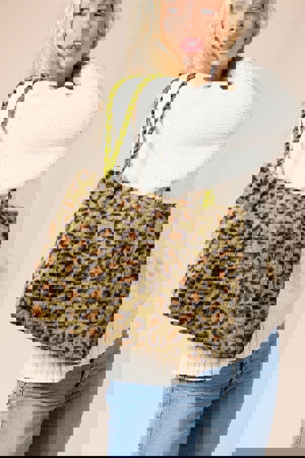 SVNX Leopard Faux Fur Tote In Olive