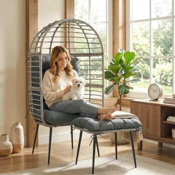 Garden Egg Chair with Footstool, Rattan Indoor Outdoor Lounge Chair and Ottoman Set with Thick Cushions, Light Grey
